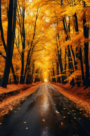 Autumn road in the forest. Beautiful autumn landscape. Road in the forest.の素材