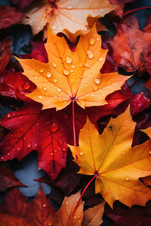 Autumn maple leaves with water drops on dark background, top viewの素材