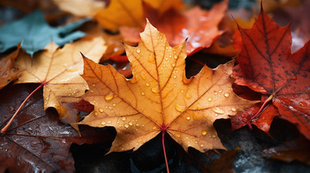 Colorful autumn maple leaves with water drops close-up, shallow depth of fieldの素材
