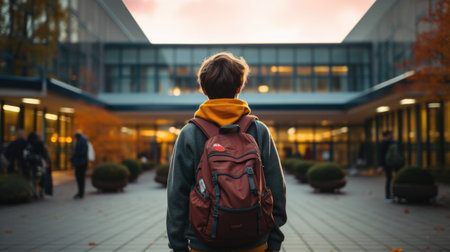 Rear view of a young man with a backpack standing in front of an office buildingの素材