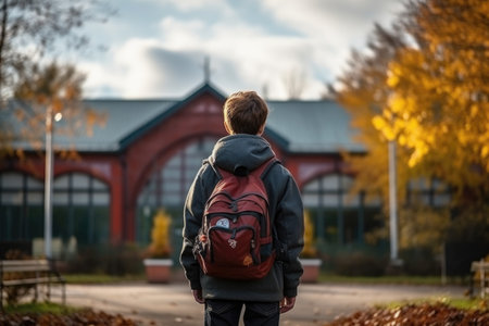 Back view of a boy with a backpack in the autumn park.の素材