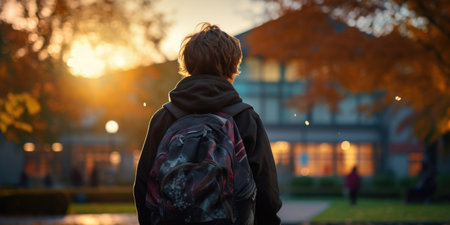 Back view of a schoolboy with backpack standing in front of a school building in autumnの素材