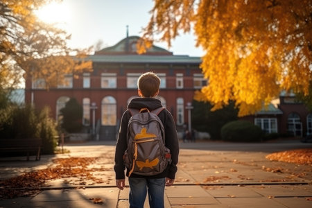 Back view of a boy with a backpack walking in the autumn parkの素材