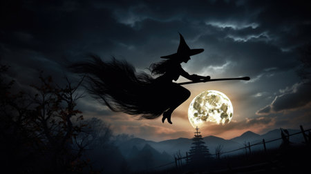 Silhouette of a witch flying on a broomstick in front of a full moonの素材
