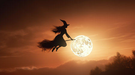 Silhouette of a witch flying on a broomstick on a full moon backgroundの素材