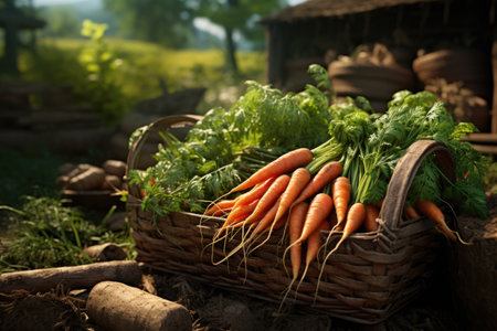 Basket of fresh carrots on the farm. Selective focus.の素材