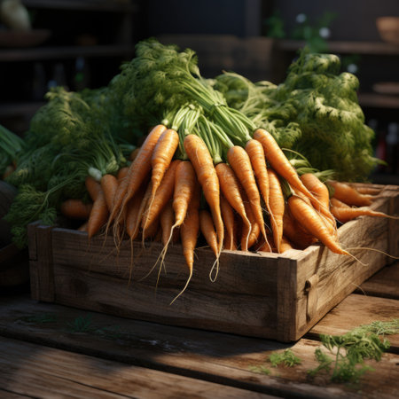 Bunch of fresh carrots in a wooden box on a rustic tableの素材