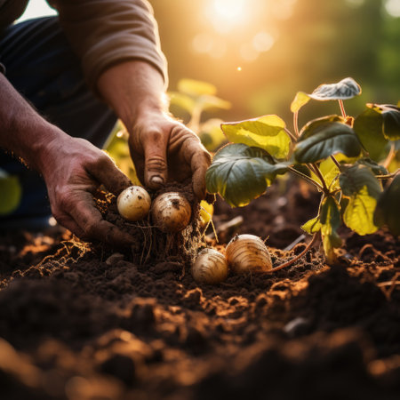 Farmer planting potatoes in the soil. Selective focus. nature.の素材