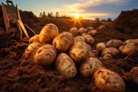 Freshly dug potatoes on the ground in the field at sunset.の素材