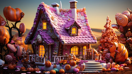 Halloween background with pumpkins and gingerbread house.の素材