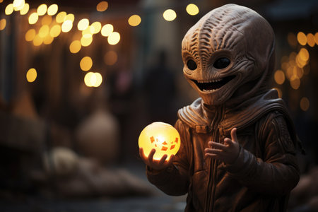 Halloween concept. Cute little boy in costume with pumpkin lantern outdoorsの素材