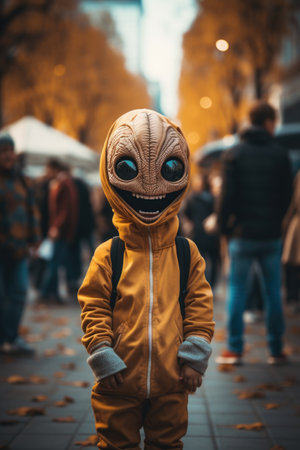 Funny boy in a costume of an alien on the street.の素材