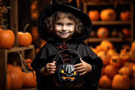 Cute little boy in halloween costume holding pumpkin lantern.の素材