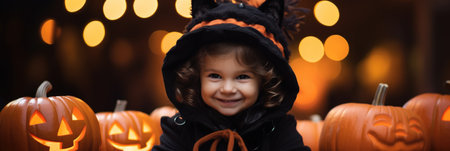 Cute little boy in Halloween costume with pumpkins on dark backgroundの素材