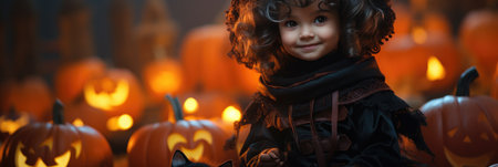 Cute little boy in costume of witch sitting on Halloween pumpkin backgroundの素材