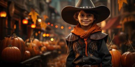 Portrait of a cute little boy dressed as a witch on Halloweenの素材