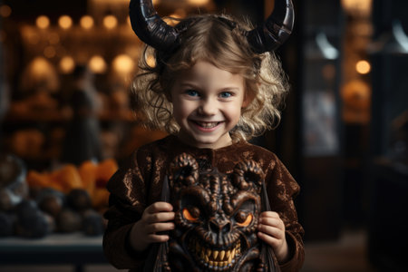 Cute little girl in halloween costume with skull in handsの素材