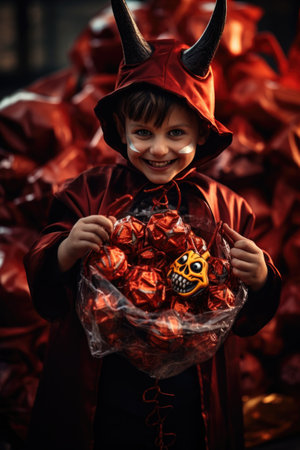 Little boy in halloween costume with a pumpkin in the form of a devilの素材