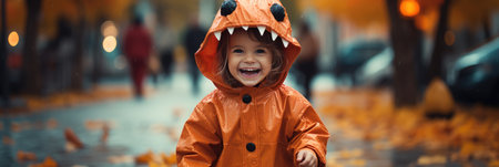 cute little boy in orange raincoat with hood playing in autumn parkの素材