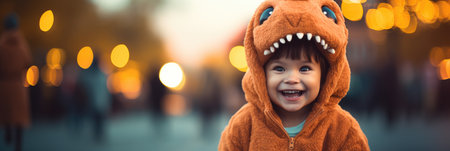 Cute little boy in a costume of monster on the street.の素材