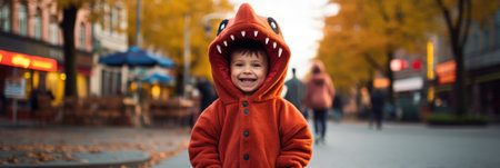Little boy in a red coat and hat on the street in autumnの素材