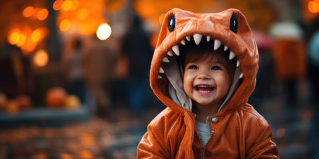 Cute asian baby boy in halloween costume on blurred backgroundの素材
