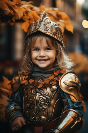 Little girl in a costume of medieval knight on the street in autumnの素材