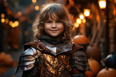Portrait of a little boy in a costume of knight on the background of pumpkinsの素材