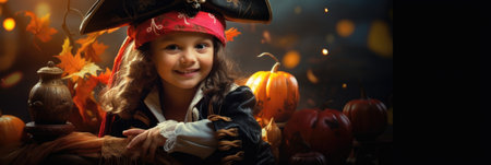 Portrait of little girl in pirate costume with pumpkins on dark backgroundの素材