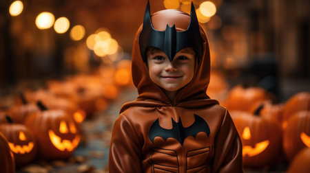 Little boy in halloween costume with pumpkin lanterns in the cityの素材