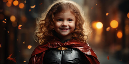 Cute little girl with long curly hair in a red raincoatの素材