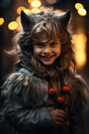 A portrait of a cute little girl in a fur coat and with horns on her head.の素材