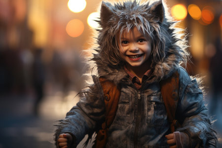 Portrait of a beautiful little girl in a fur coat and jacket on the street.の素材