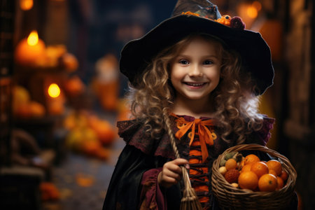 Little girl in witch costume with basket of tangerines on Halloweenの素材