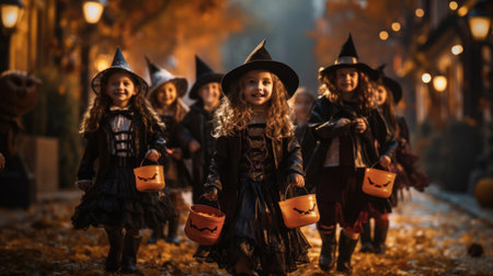 Group of little girls in Halloween costumes on street with pumpkinsの素材