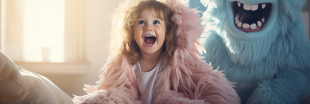 Cute little girl in pink sheepskin coat sitting on sofa and laughingの素材