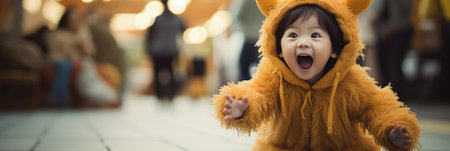 Cute asian baby in a yellow fur coat playing on the streetの素材