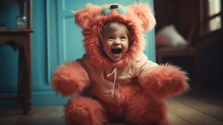 Cute little girl in fox costume sitting on the floor in the roomの素材