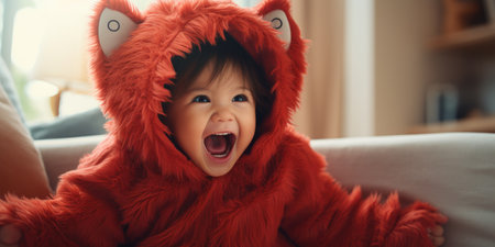 Cute asian baby girl in red fur coat sitting on sofa at homeの素材