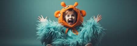Cute little girl in a bear costume on a blue background.の素材