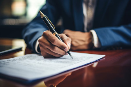 Businessman signing contract. Close-up of male hands with pen.の素材