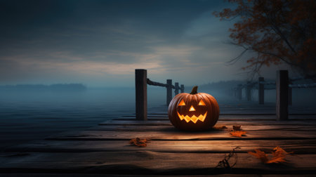 Halloween pumpkin on wooden pier at misty lakeの素材