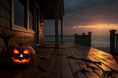 Halloween pumpkin on a wooden pier at sunset.の素材