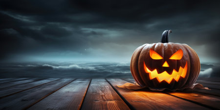 Halloween pumpkin on wooden planks,の素材