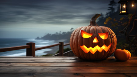 Halloween pumpkin on wooden table with sea viewの素材
