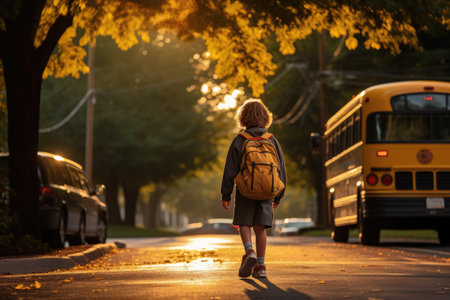Back view of a schoolgirl going to school with a backpack.の素材