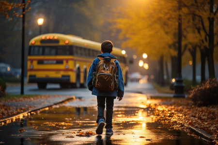Back view of a schoolboy with a backpack and a school bus on a rainy autumn day.の素材