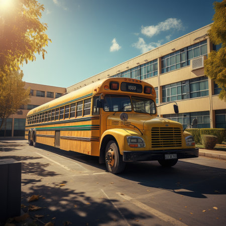 School bus in front of school building. Back to school concept.の素材