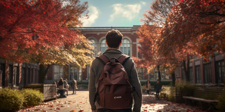 Back view of young man with backpack standing in front of university buildingの素材