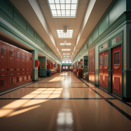a school corridor with lockers in green tonesの素材